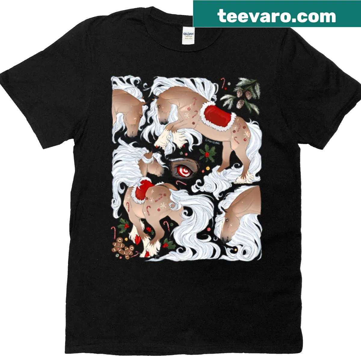 Christmas-themed t-shirt featuring an Irish Cob horse — on a men's t-shirt