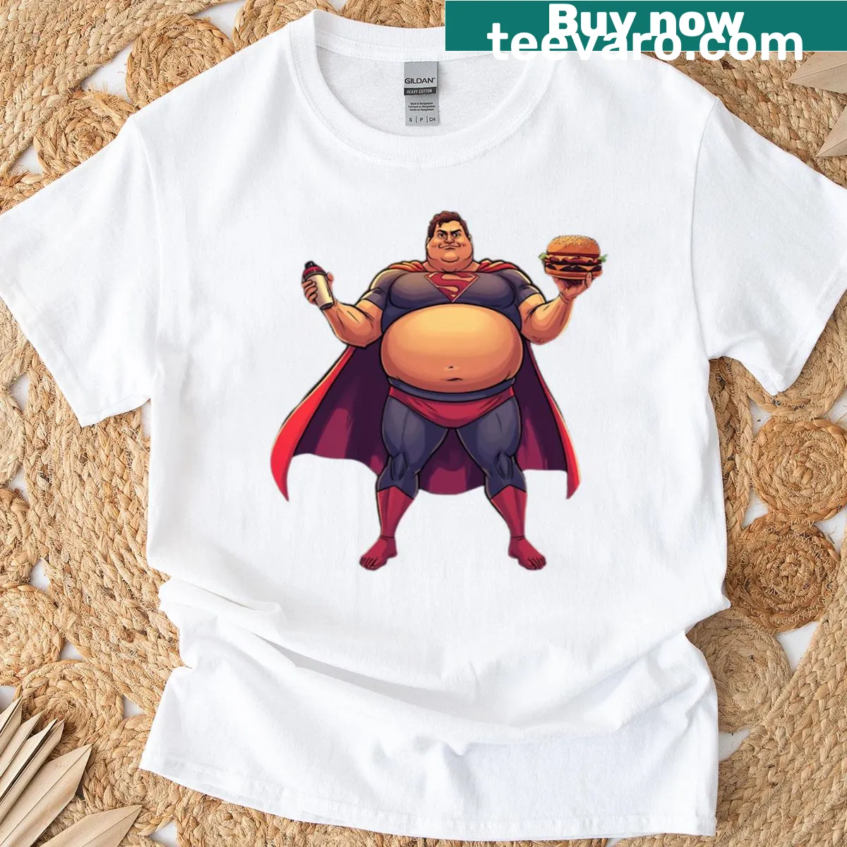 Oversized t-shirt with a funny chubby superhero design — on a men's t-shirt