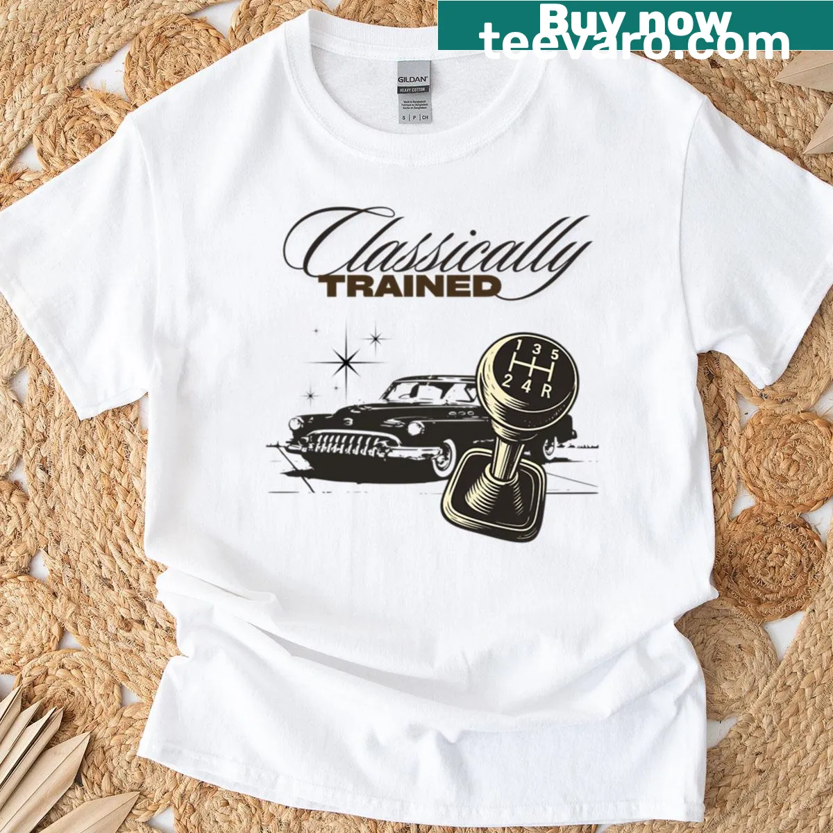 Vintage car-themed stick shift t-shirt. — on a men's t-shirt