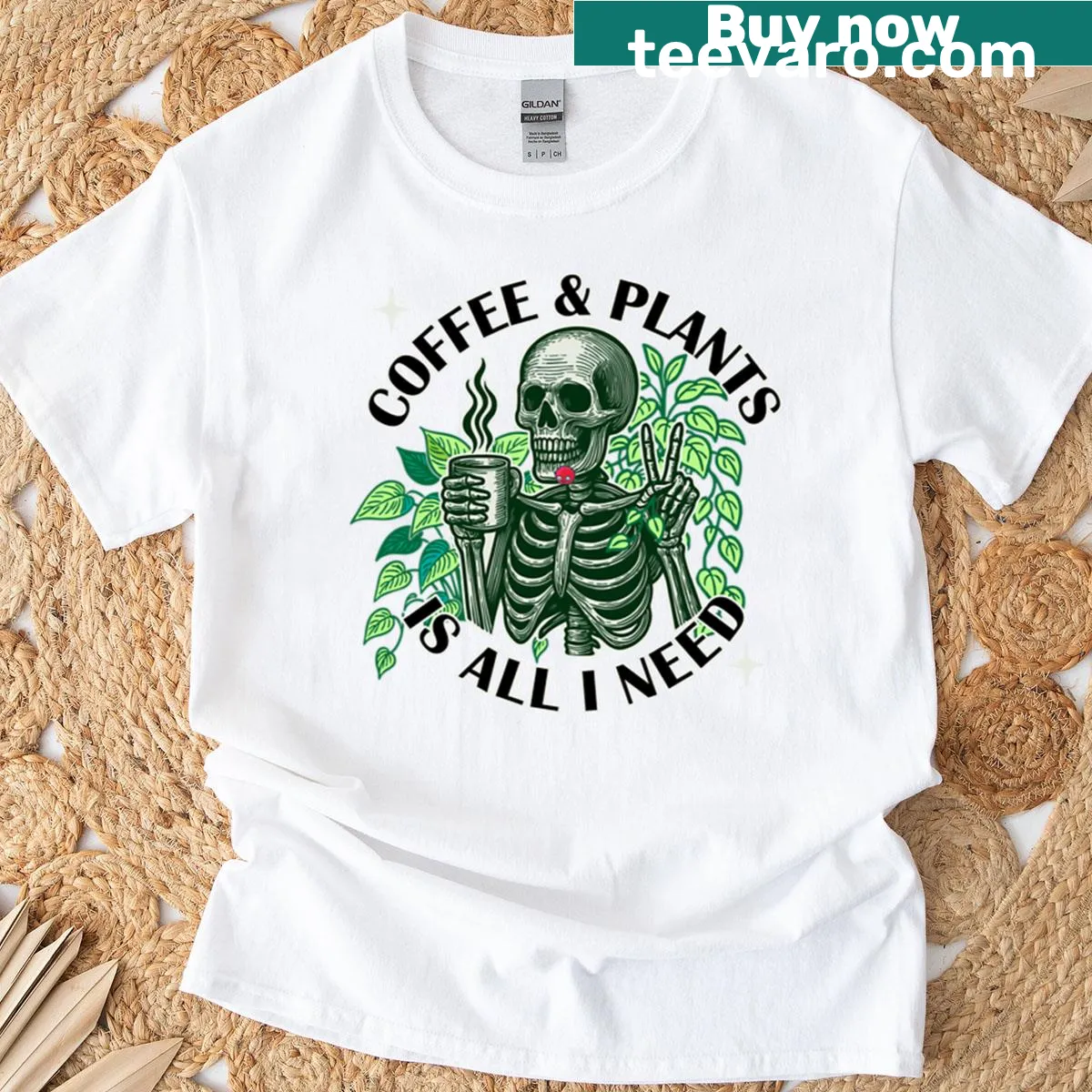 Typography design stating 'Coffee And Plants Is All I Need' on a T-shirt — on a men's t-shirt