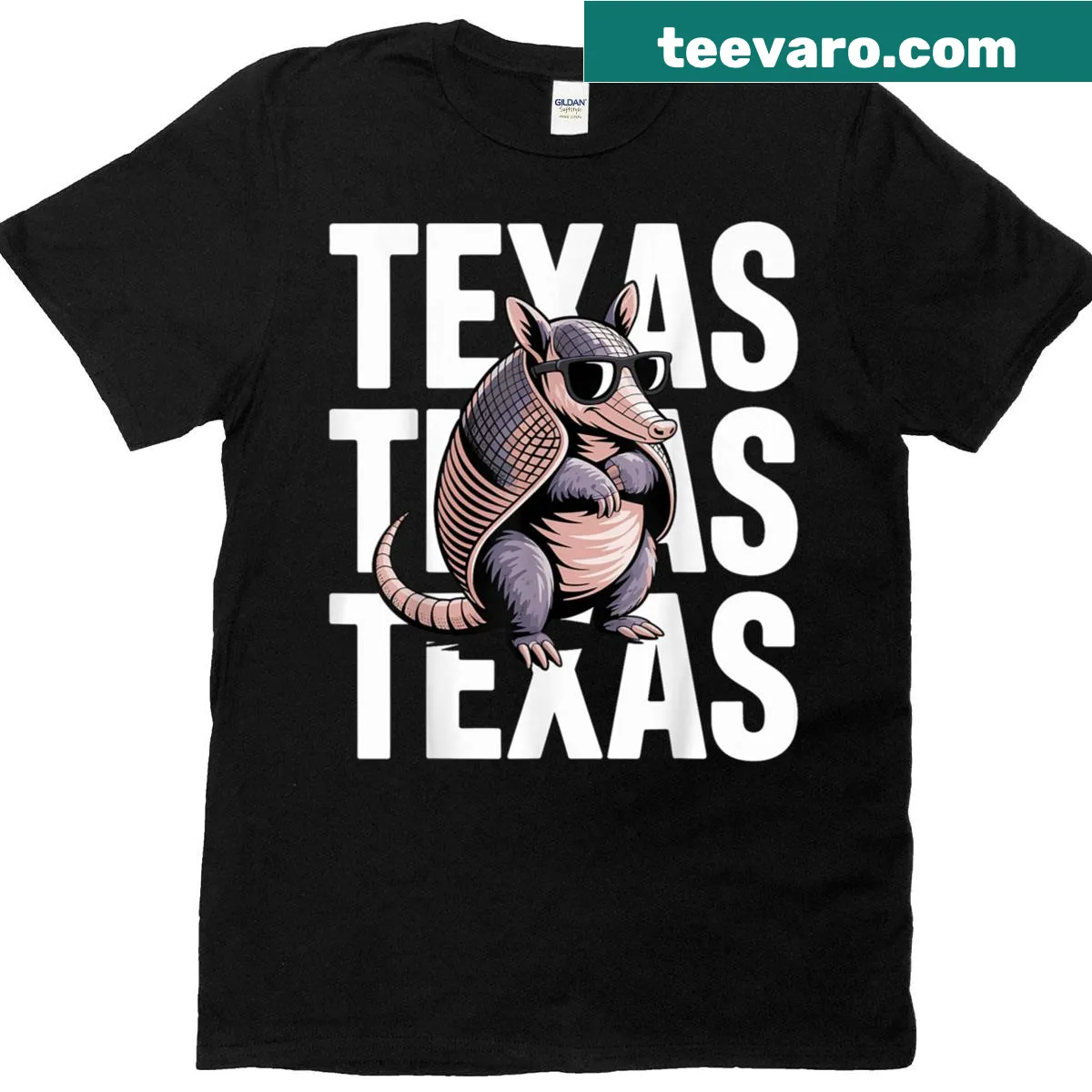 Funny Texas pride armadillo wearing sunglasses t-shirt — on a men's t-shirt