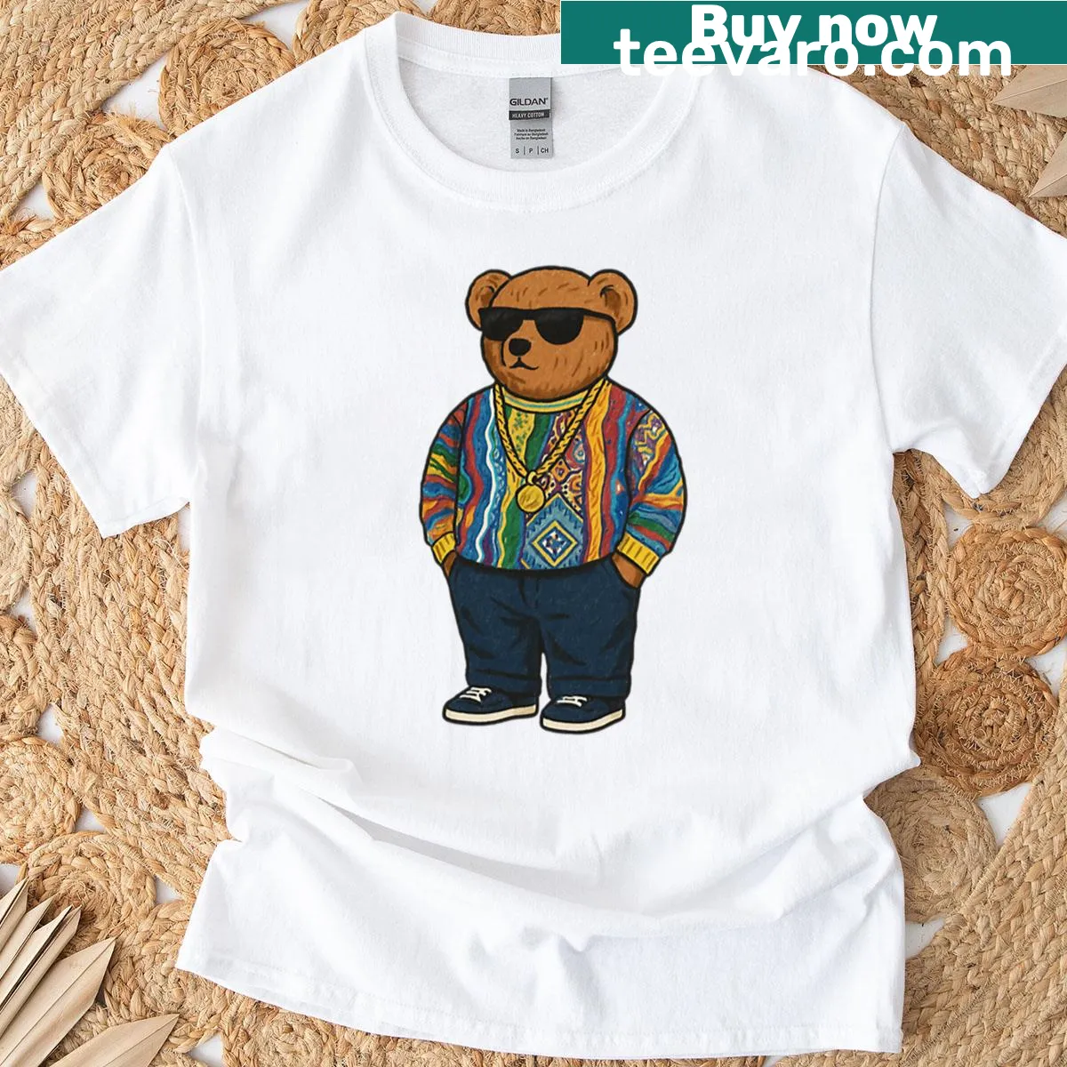 Retro bear graphic T-shirt featuring hip hop streetwear style — on a men's t-shirt