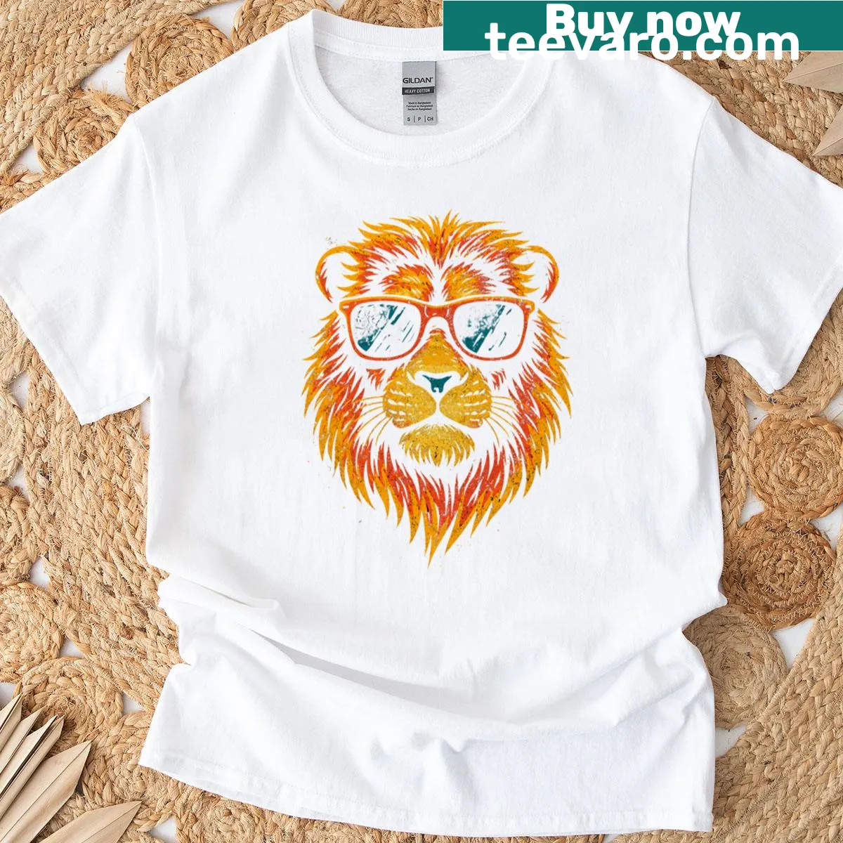 Retro lion wearing sunglasses graphic on a t-shirt — on a men's t-shirt