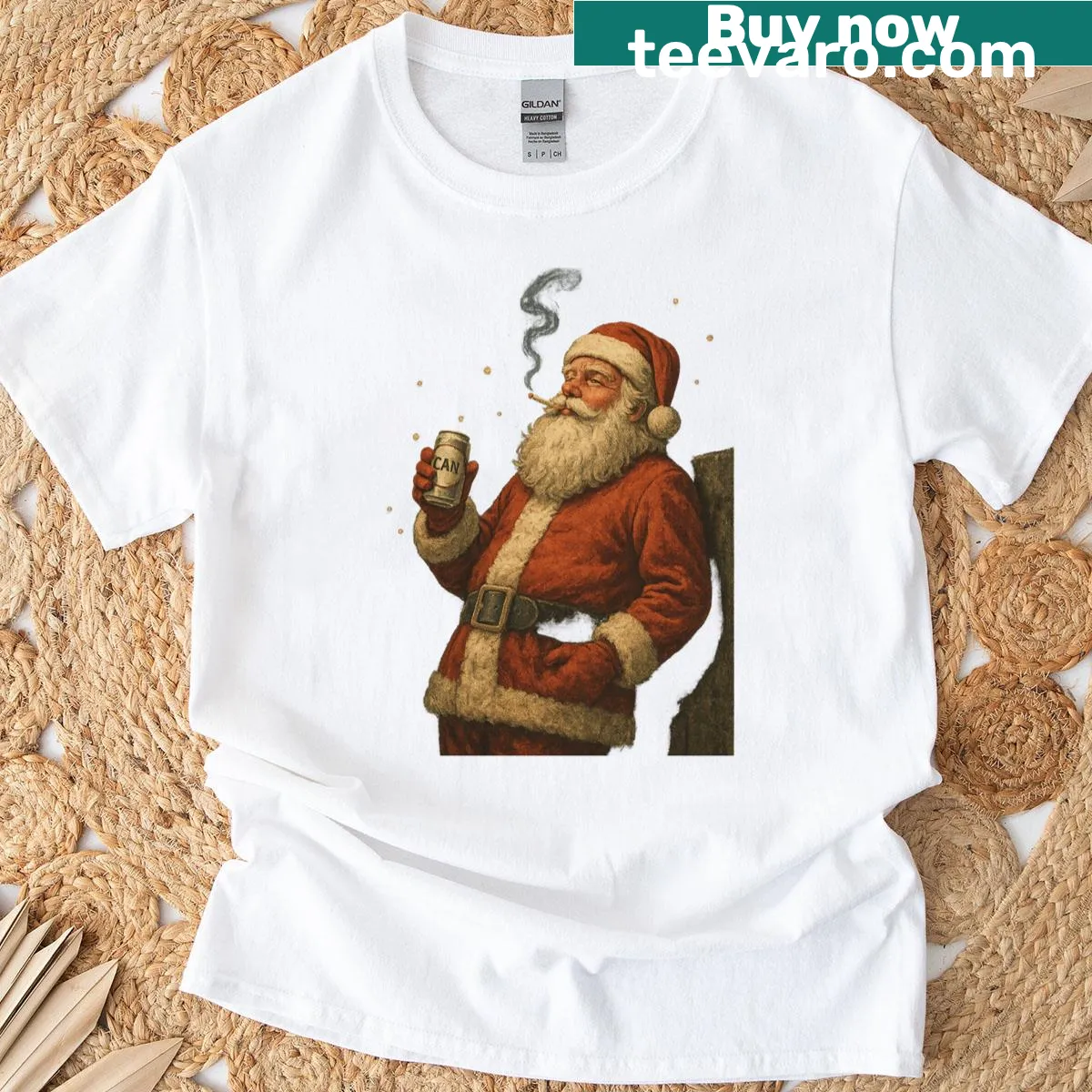 Retro Santa Claus graphic with a cigarette on a Christmas t-shirt — on a men's t-shirt
