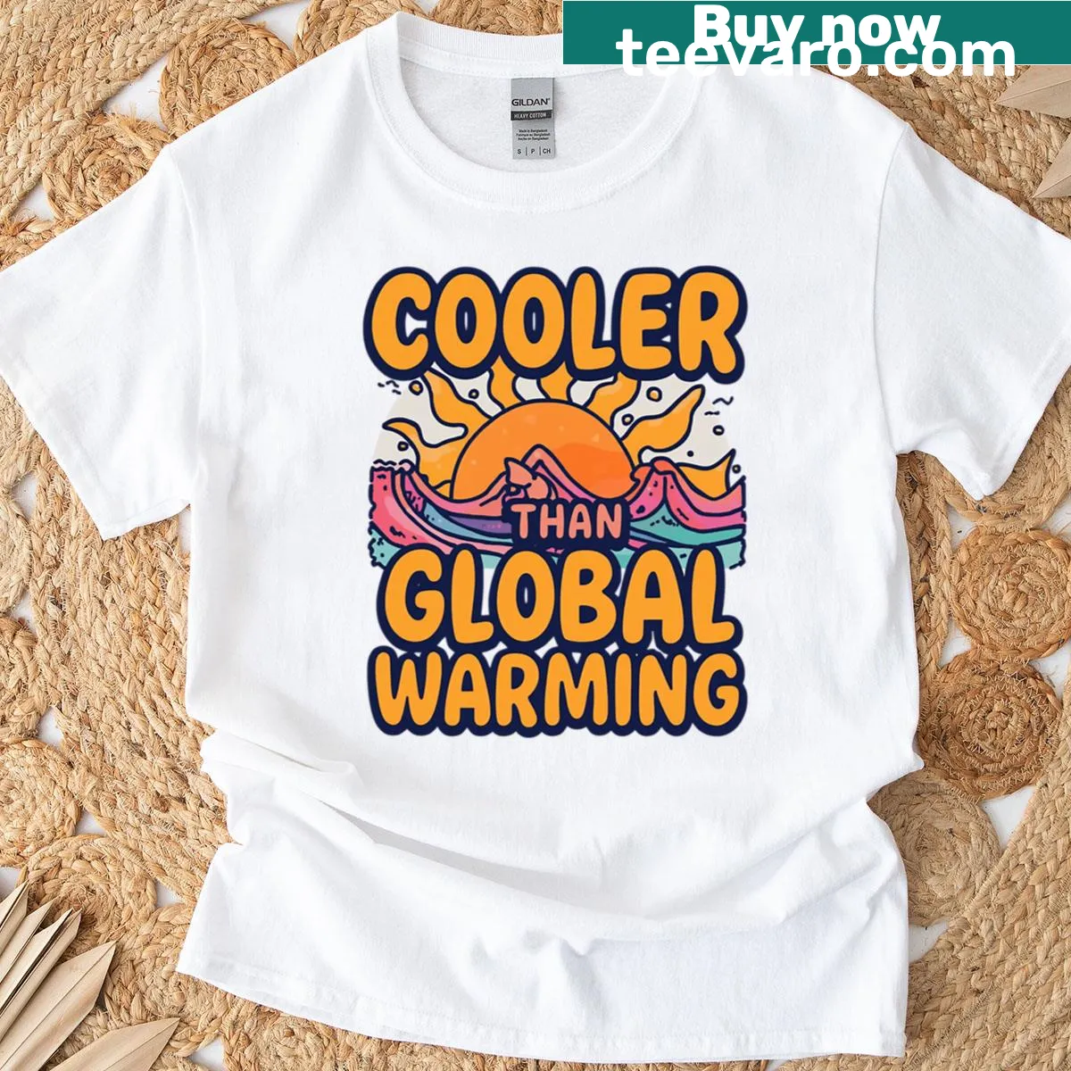 Funny climate-themed T-shirt with the text 'Cooler Than Global Warming' — on a men's t-shirt