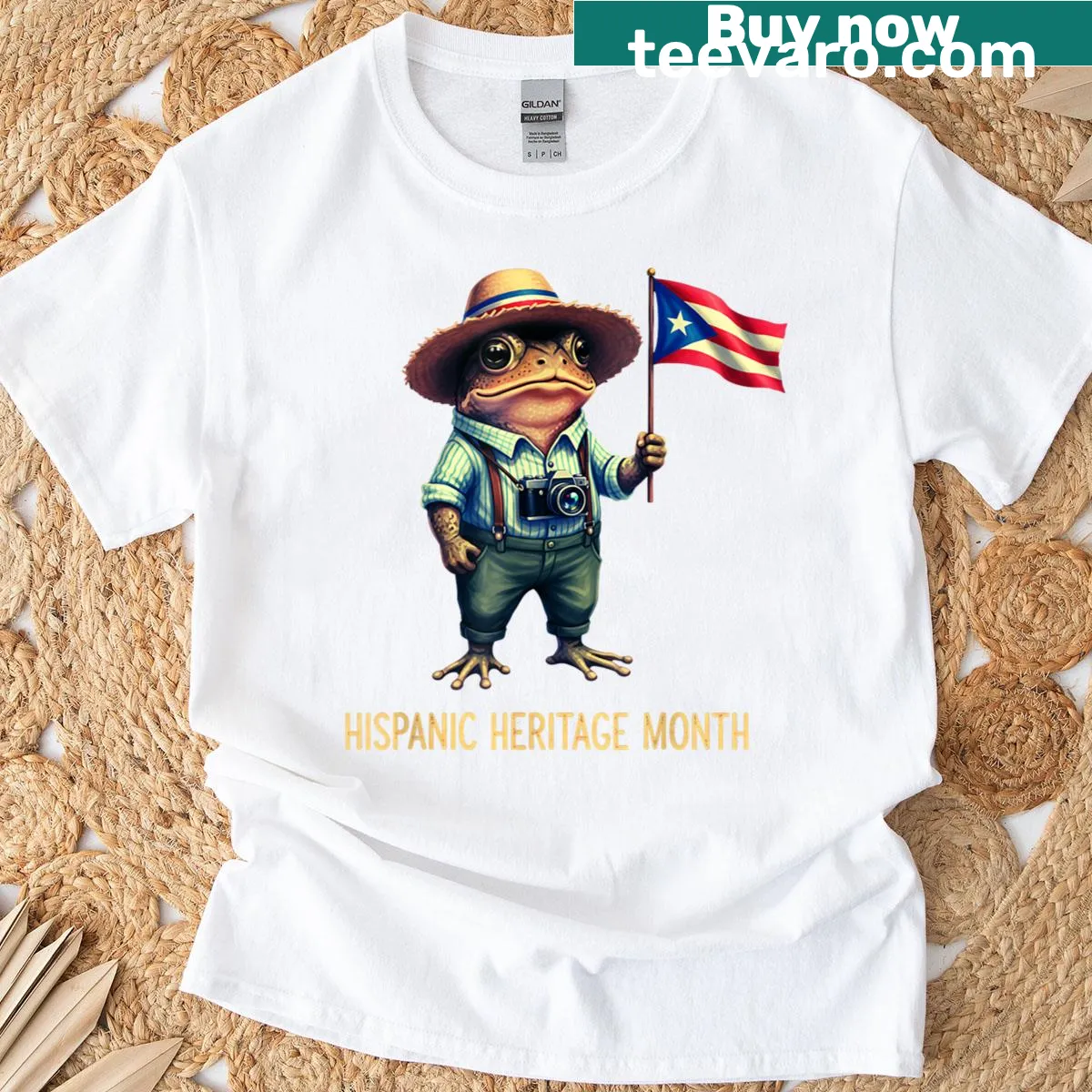 Coqui frog and Puerto Rican flag design T-shirt — on a men's t-shirt