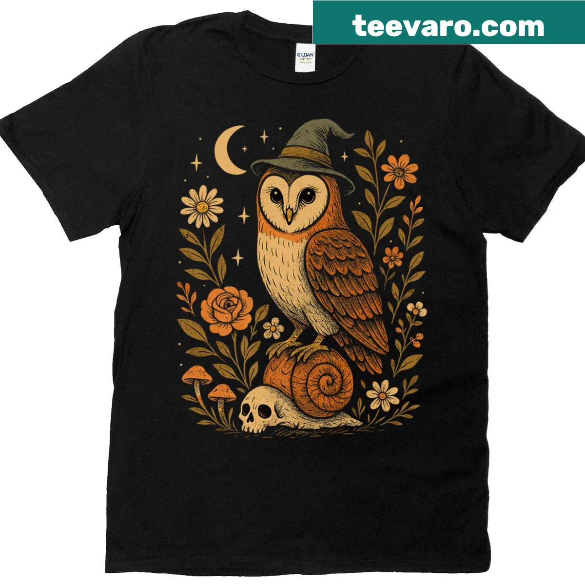 Whimsical T-shirt with an owl witch riding a snail illustration — on a men's t-shirt