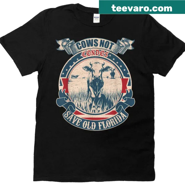 Vintage-style tee with 'Cows Not Condos' slogan, highlighting Florida's rural charm