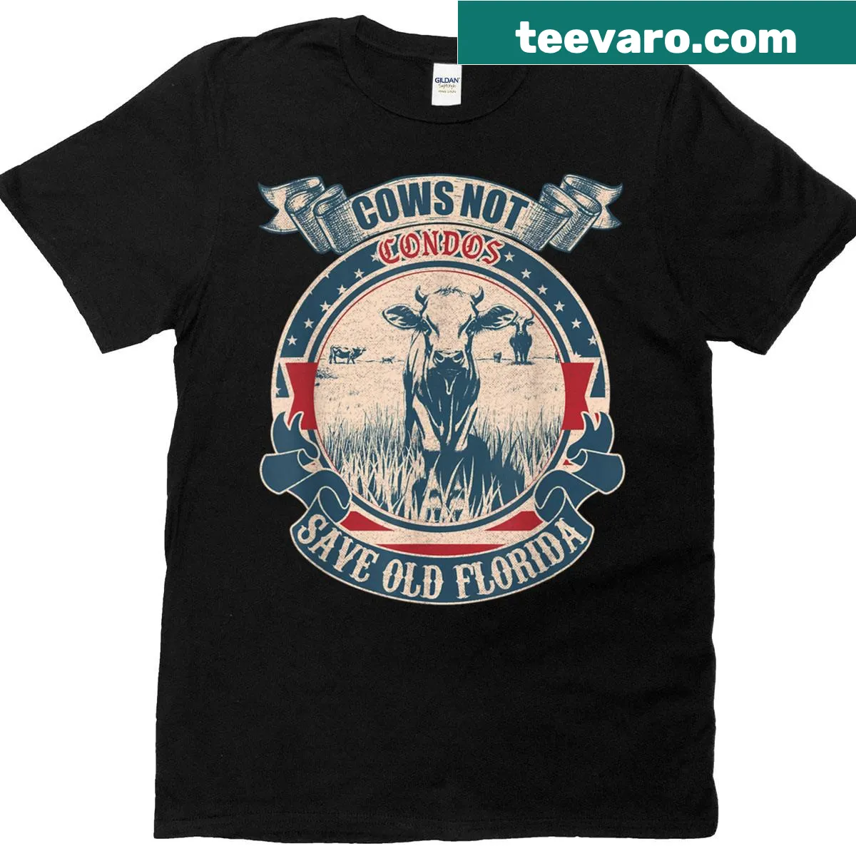 Vintage-style tee with 'Cows Not Condos' slogan, highlighting Florida's rural charm — on a men's t-shirt