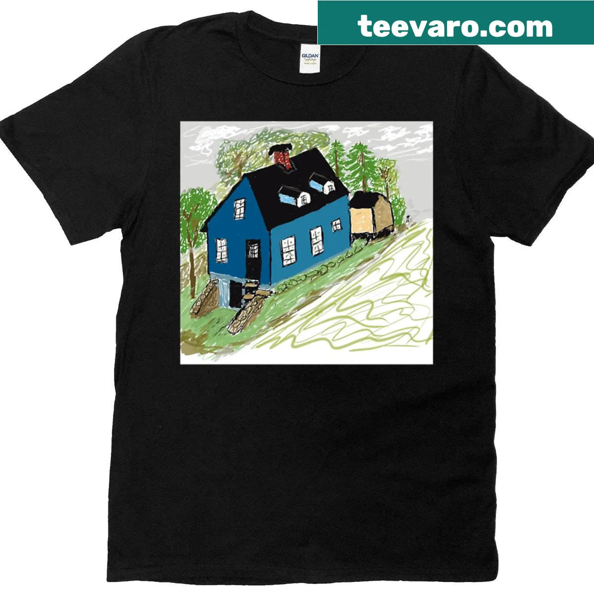 T-shirt featuring a cozy blue house design for a warm, homey feel — on a men's t-shirt