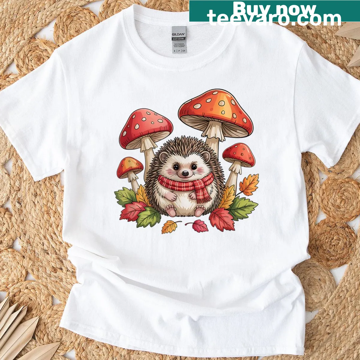 Cozy hedgehog with red plaid scarf and mushrooms graphic — on a men's t-shirt