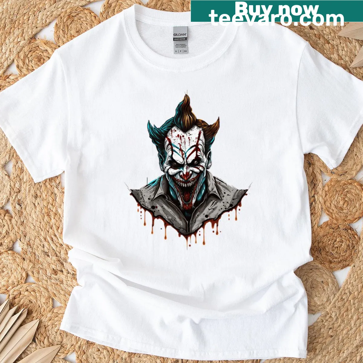 Horror-themed clown graphic t-shirt for scary movie fans — on a men's t-shirt