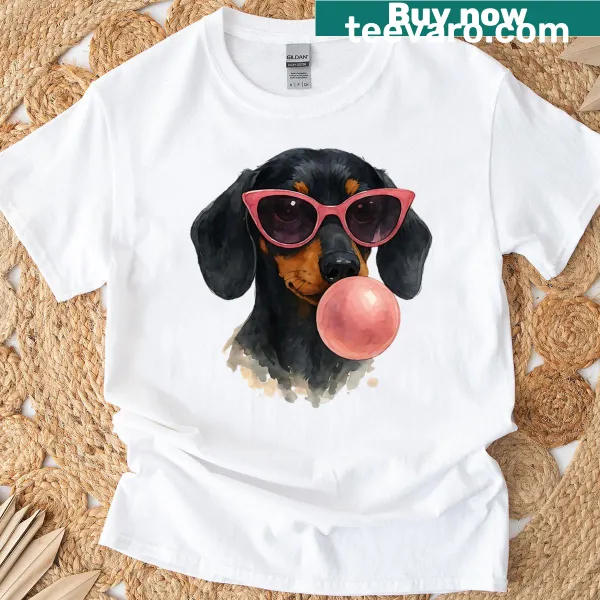 Cute dachshund graphic t-shirt featuring heart glasses and bubble gum