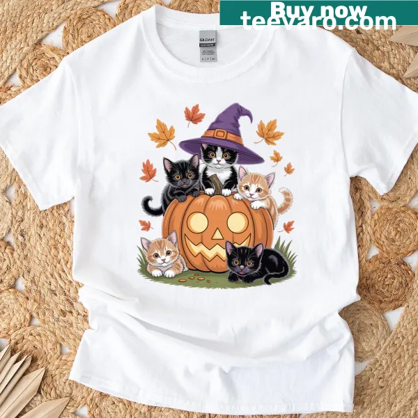 Vintage-style Halloween t-shirt with a cute cat and pumpkin graphic