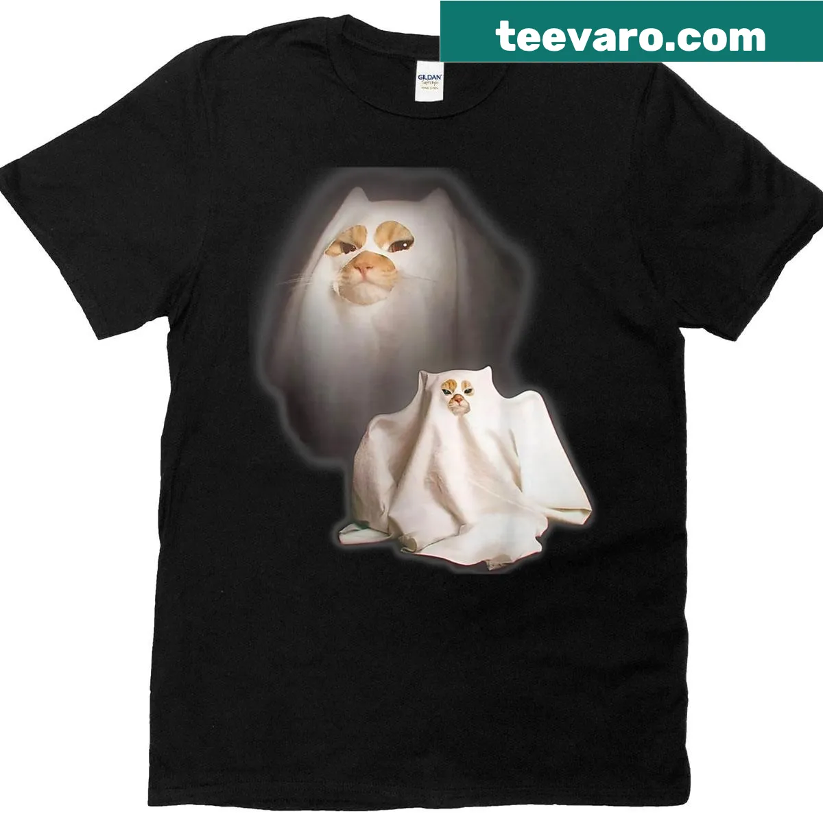 Adorable wizard cat ghost graphic on Halloween t-shirt — on a men's t-shirt