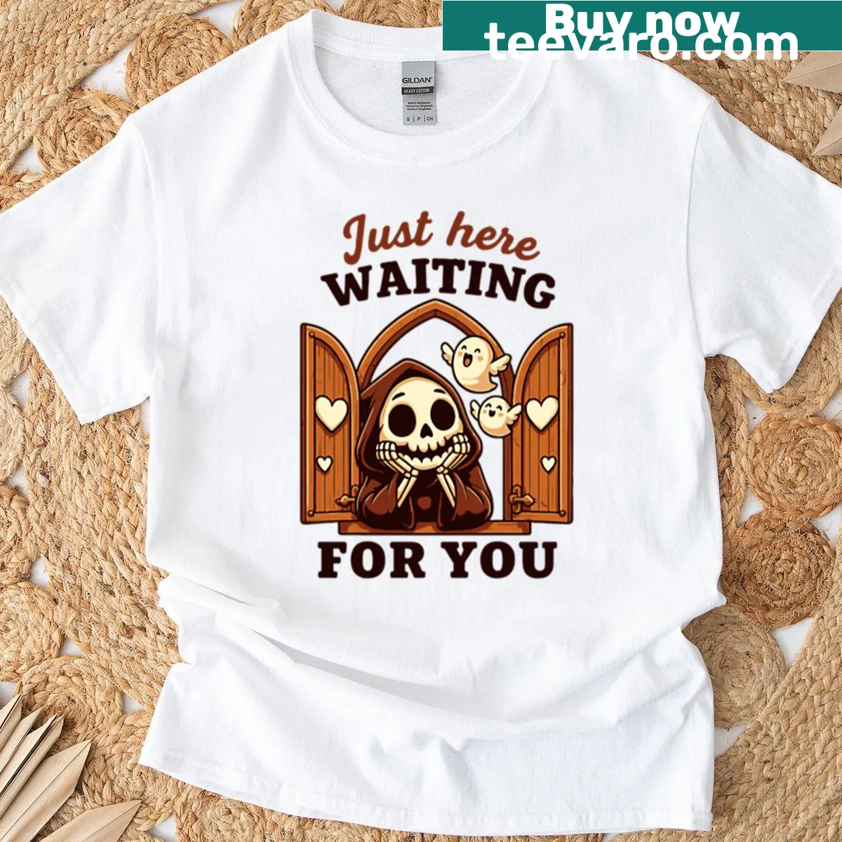 Cute Grim Reaper illustration on an oversized t-shirt — on a men's t-shirt