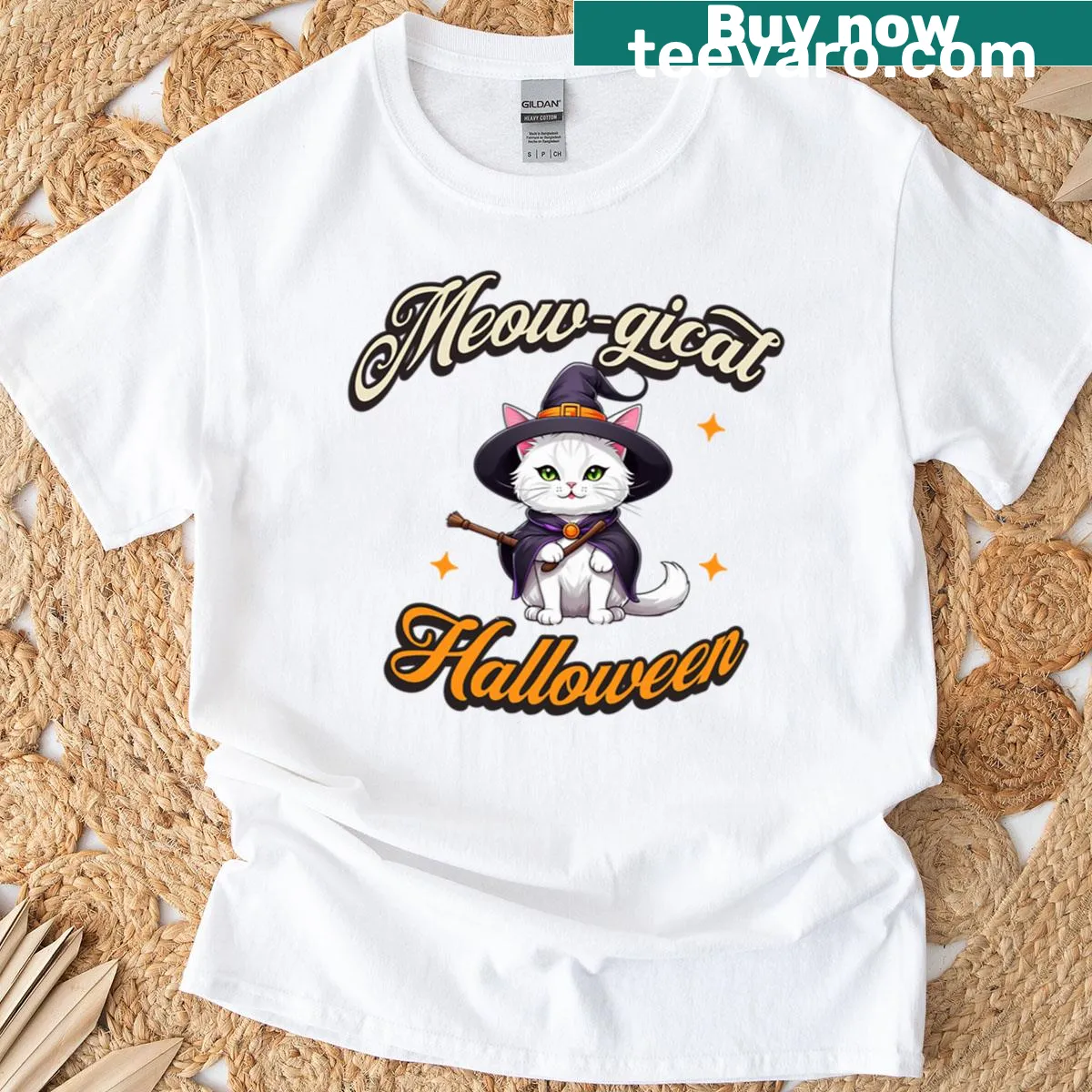 Adorable witch cat design for Halloween T-shirt — on a men's t-shirt