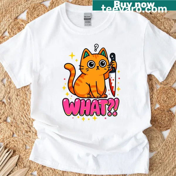 Cartoon T-shirt featuring a funny orange cat with a knife