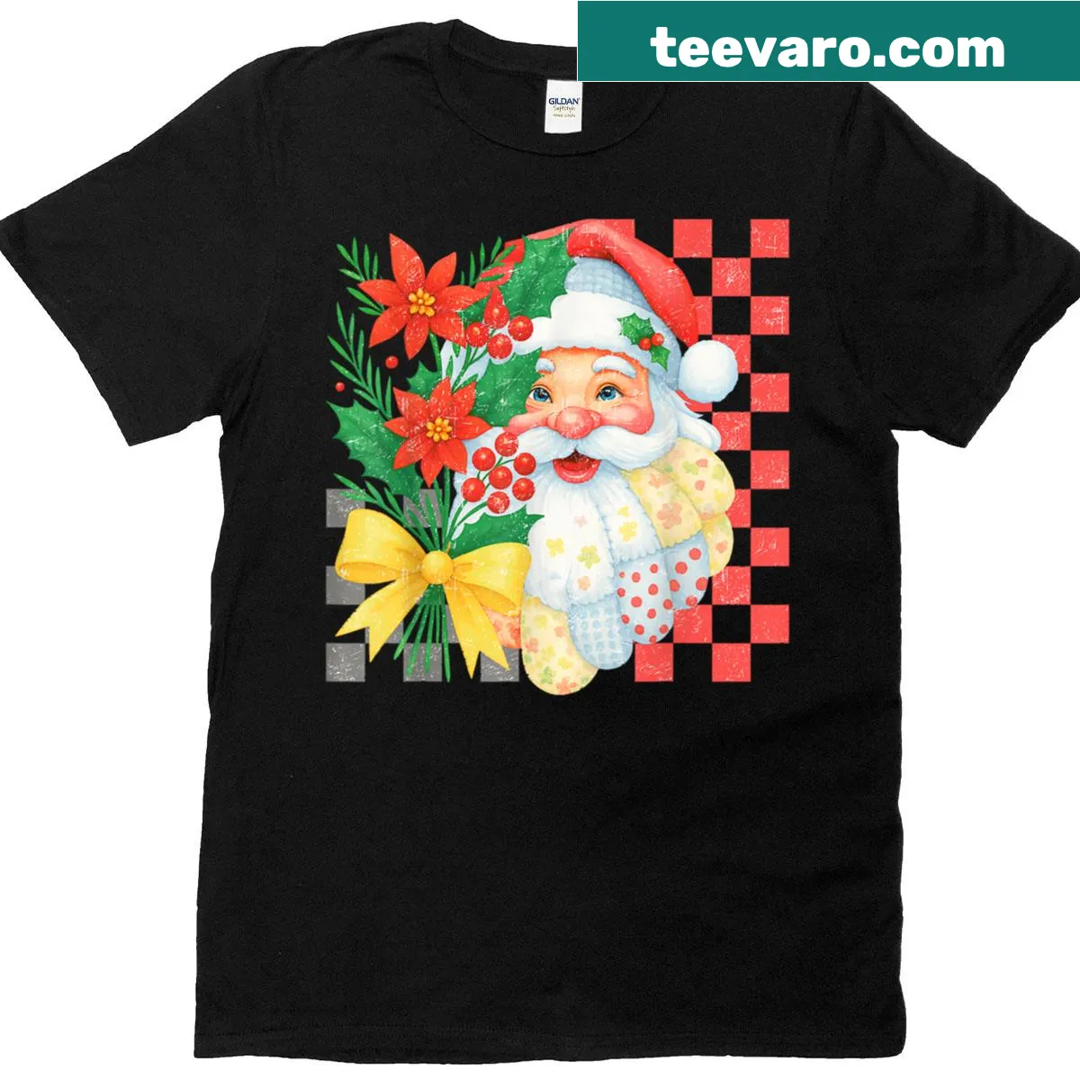 Cute patchwork Santa Claus T-shirt for family holiday wear — on a men's t-shirt