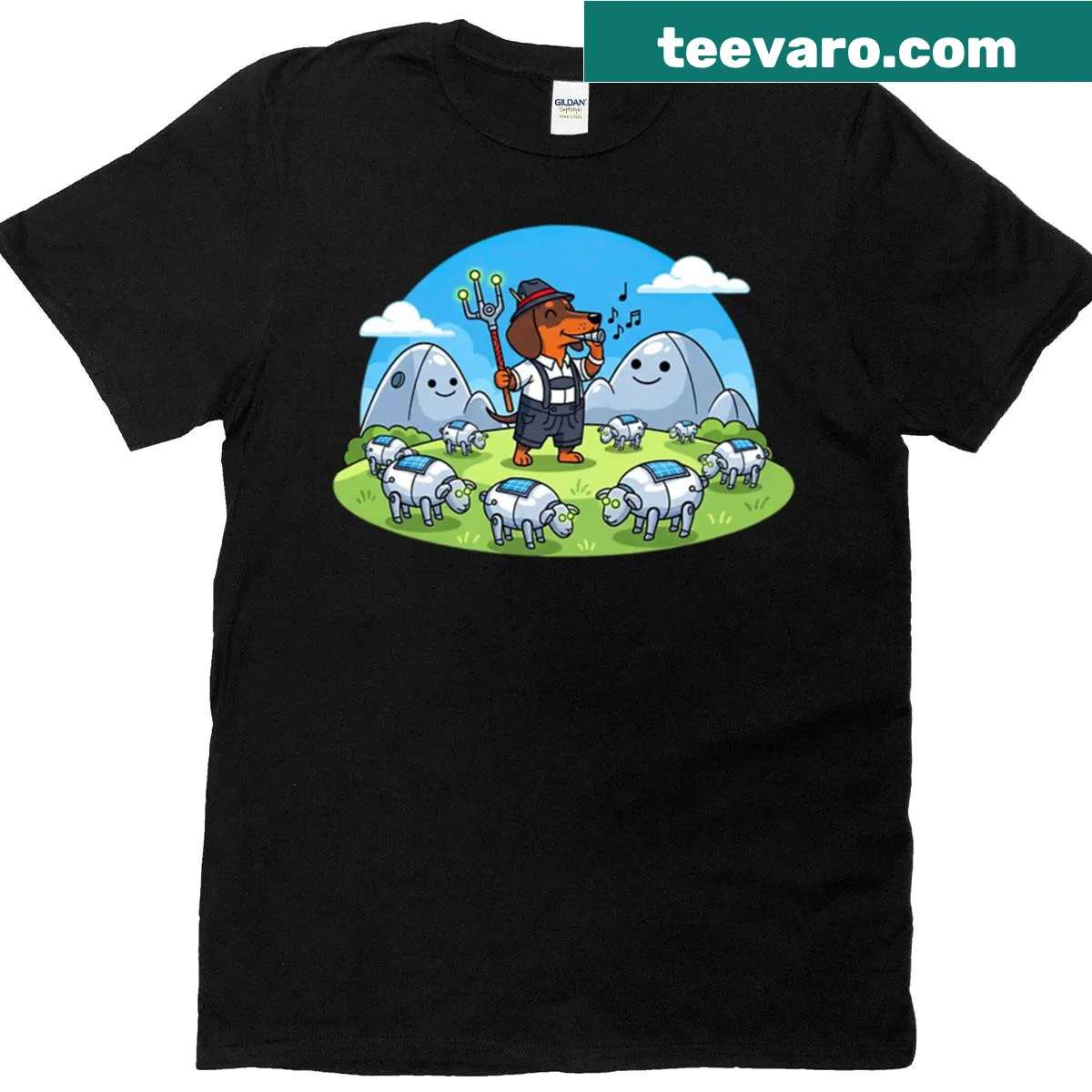 Cartoon style t-shirt with Dachshund herding robo-sheep graphic — on a men's t-shirt