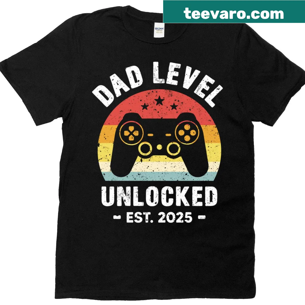 T-shirt with 'Dad Level Unlocked Est2025' text for new dads — on a men's t-shirt