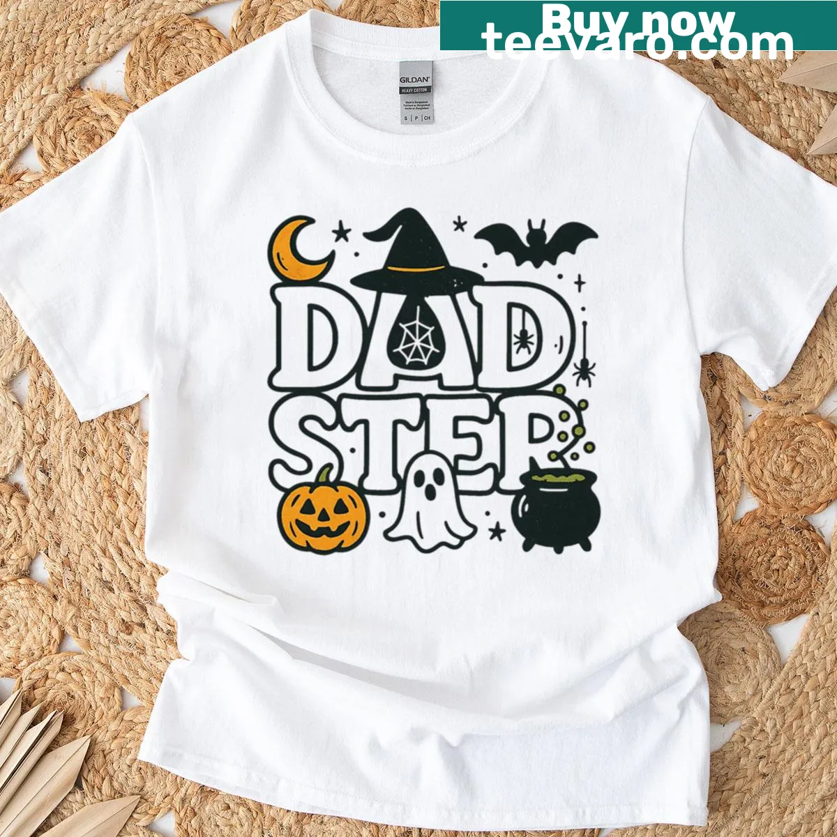 Funny Halloween 'Dadster' T-shirt with ghosts and pumpkins — on a men's t-shirt