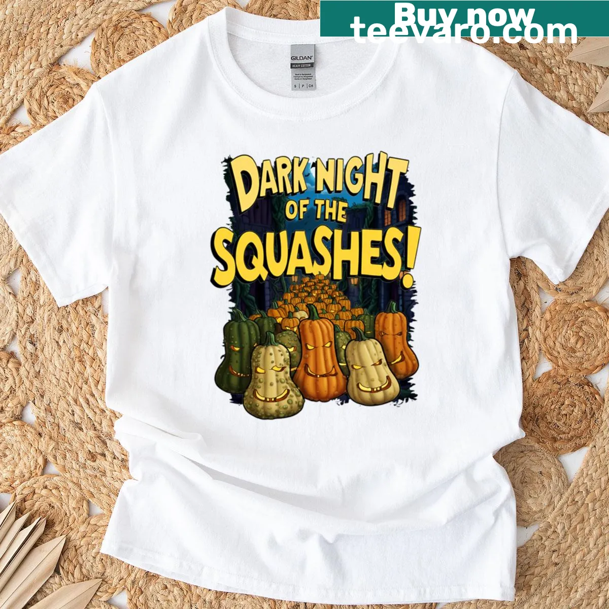 Vintage Halloween t-shirt featuring dark squash-themed graphic — on a men's t-shirt