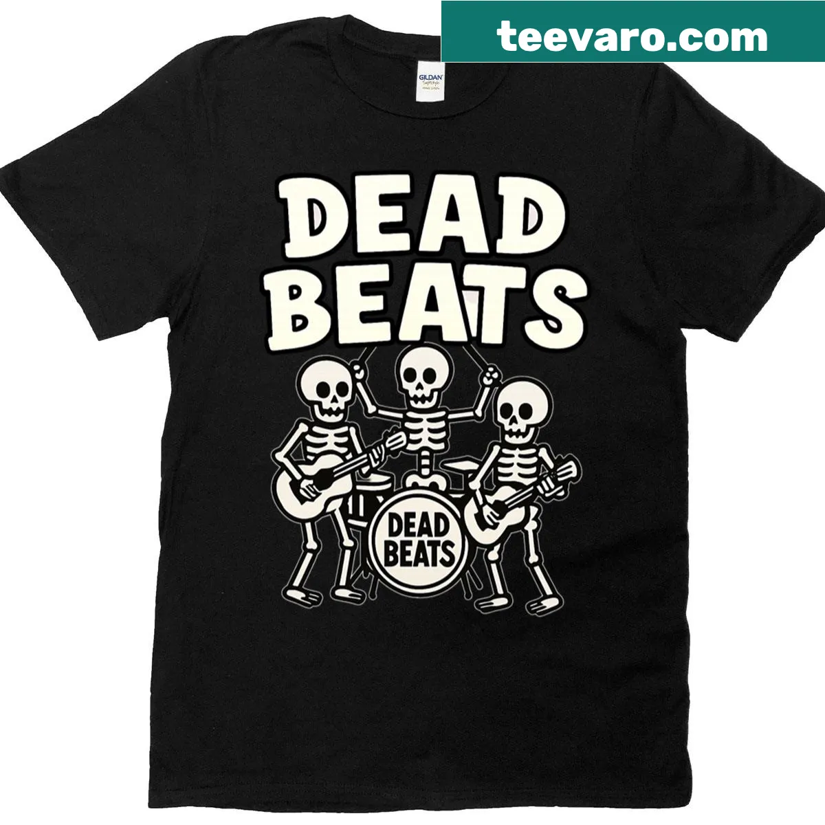 Funny Halloween T-shirt featuring a skeleton with musical notes — on a men's t-shirt