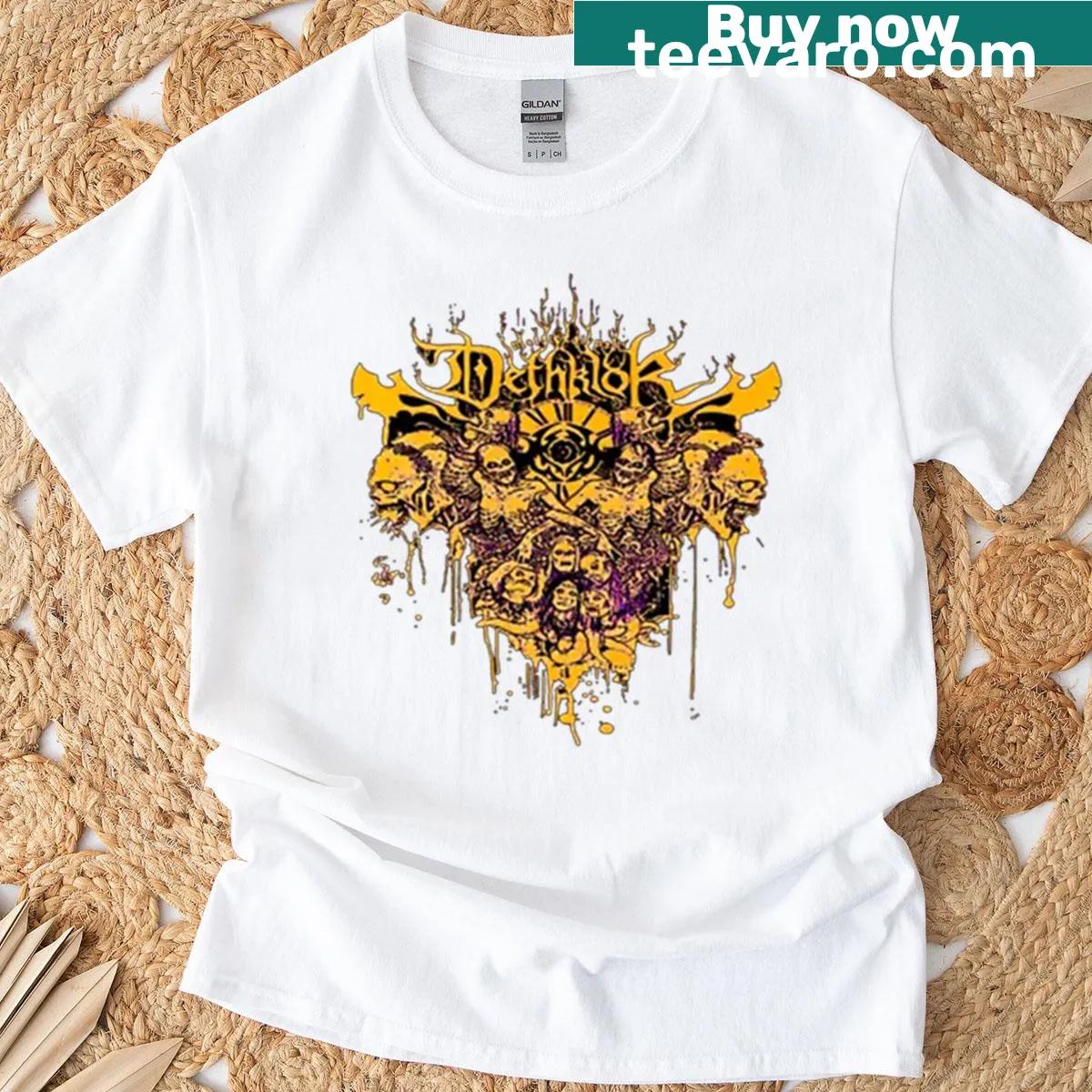 Dethklok band T-shirt featuring bold illustrations — on a men's t-shirt