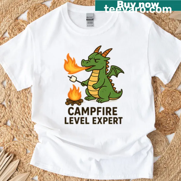 Funny marshmallow roasting design with 'Level Expert' text on a t-shirt