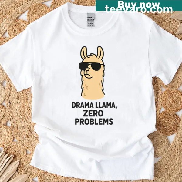 Cartoon llama with sunglasses and funny text on a t-shirt