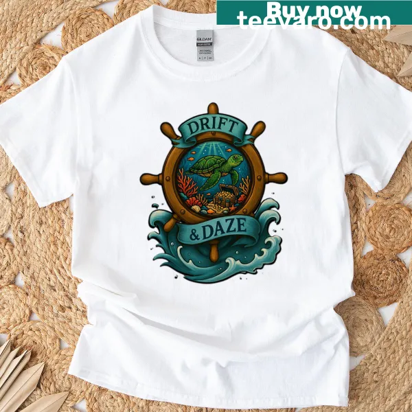 Illustrated T-shirt featuring a sea turtle and ship wheel design