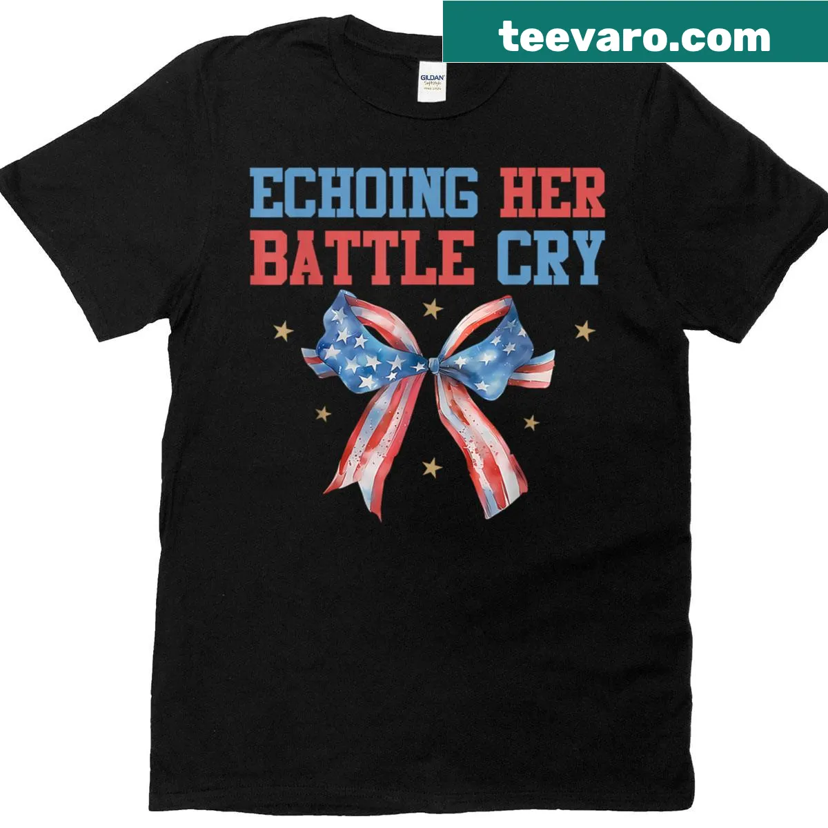 Patriotic T-shirt with 'Echoing Her Battle Cry' text — on a men's t-shirt
