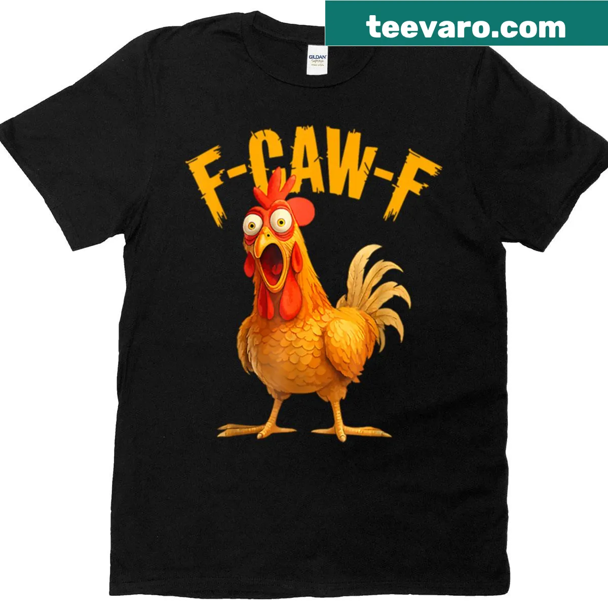 Whimsical chicken graphic on a humorous F-caw-f T-shirt. — on a men's t-shirt