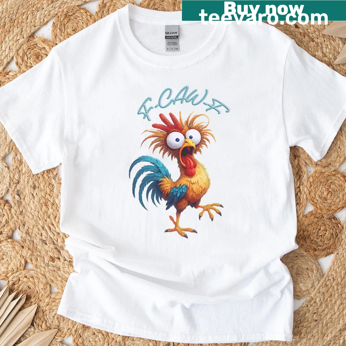 Funny chicken humor graphic T-shirt with playful text — on a men's t-shirt