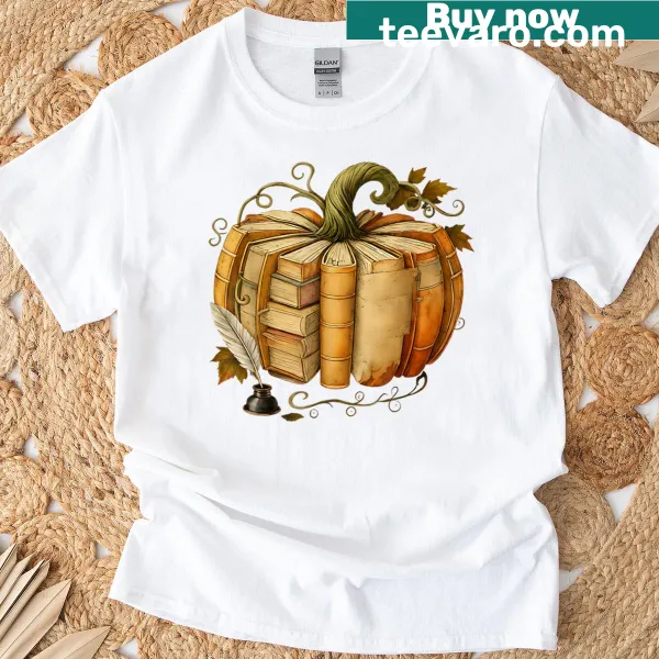 Vintage T-shirt featuring fall books and pumpkins design