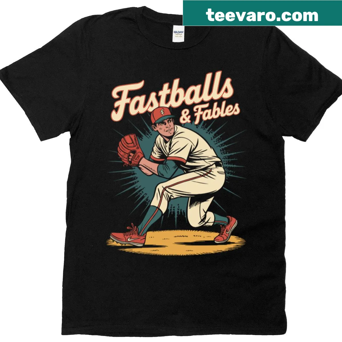 Fastballs and fables themed graphic T-shirt — on a men's t-shirt