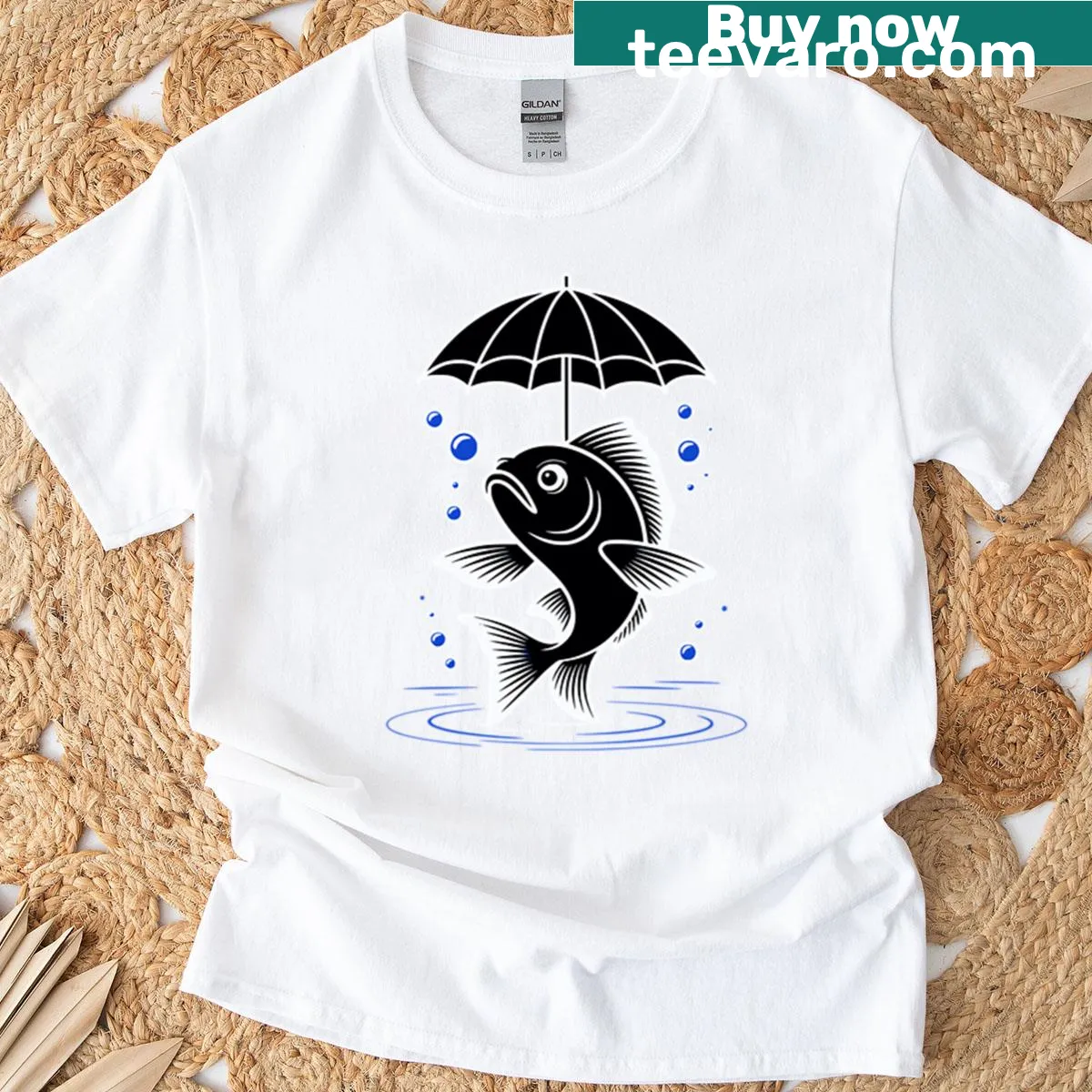 Humorous Fish With An Umbrella Oversized T-shirt featuring a playful design — on a men's t-shirt