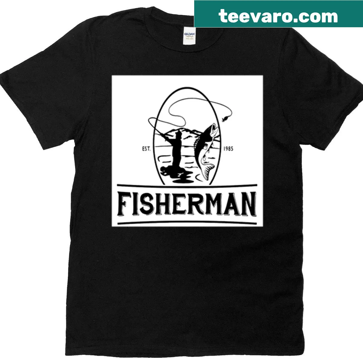 Graphic of a fisherman on a T-shirt celebrating fishing. — on a men's t-shirt