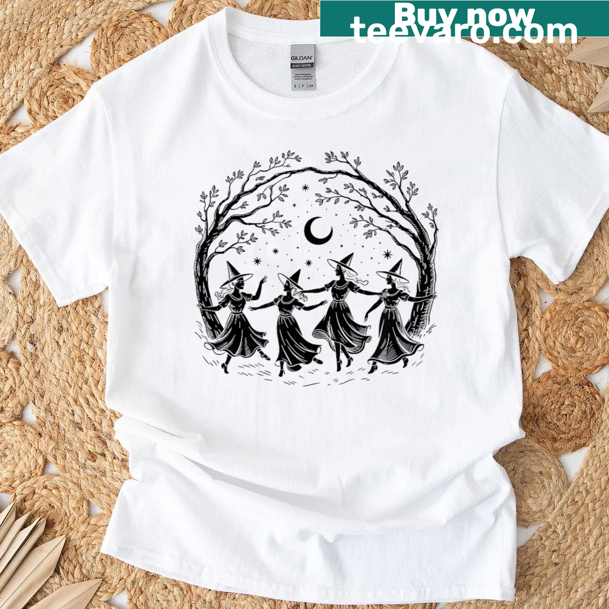 Vintage witchy graphic T-shirt featuring four witches — on a men's t-shirt