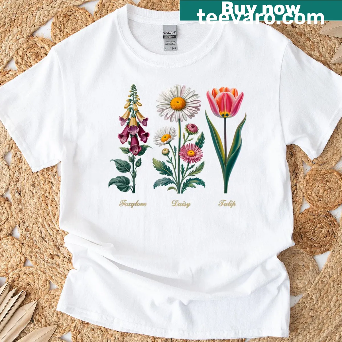Vintage floral arrangement T-shirt with foxglove, daisy, and tulip — on a men's t-shirt