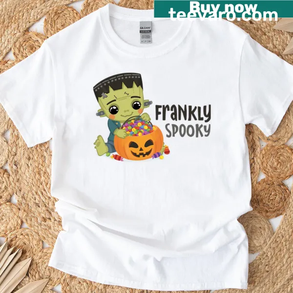 Shirt with 'Frankly Spooky' text and Halloween-themed graphics