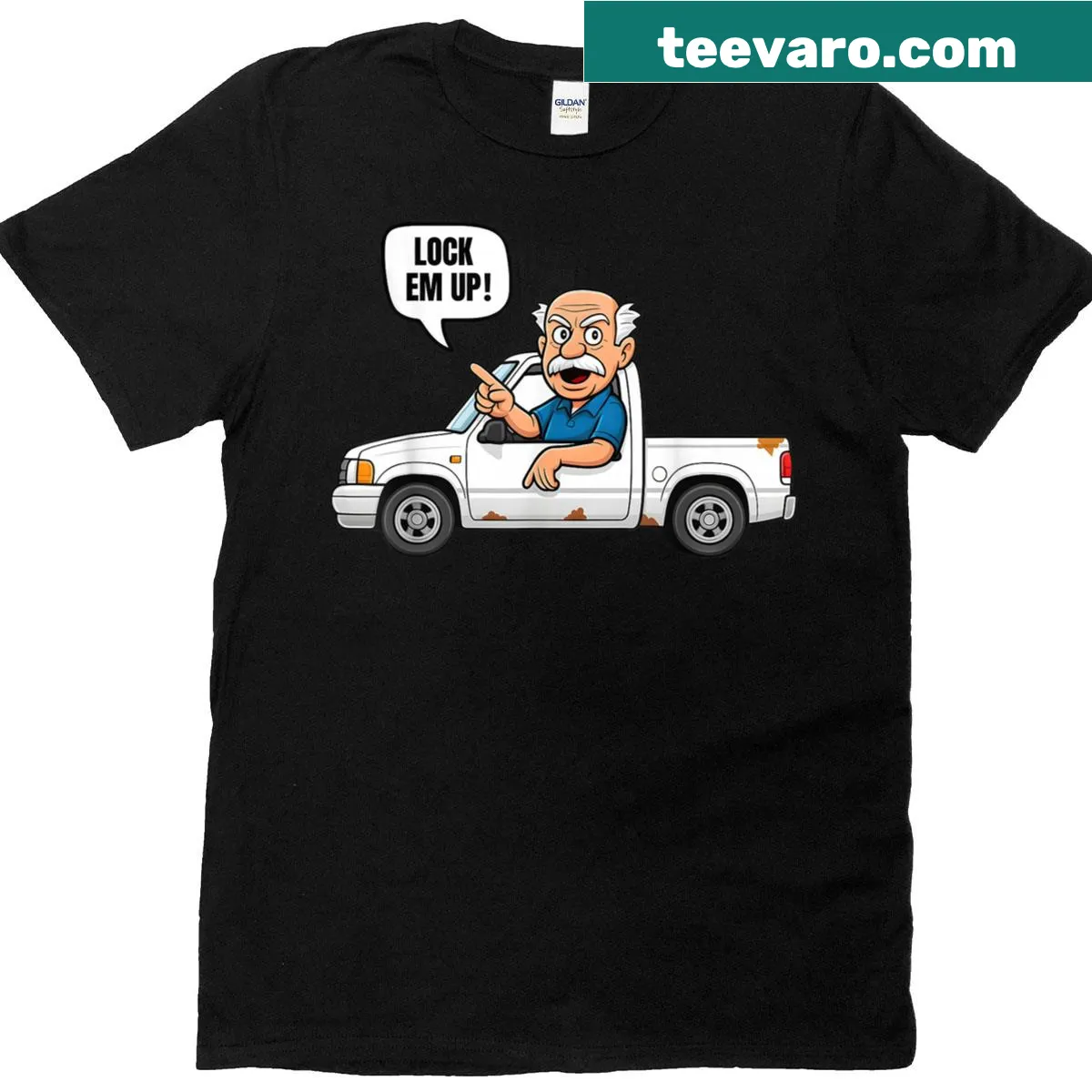 Funny t-shirt with humorous 'Lock Em Up' graphic and cartoon design — on a men's t-shirt