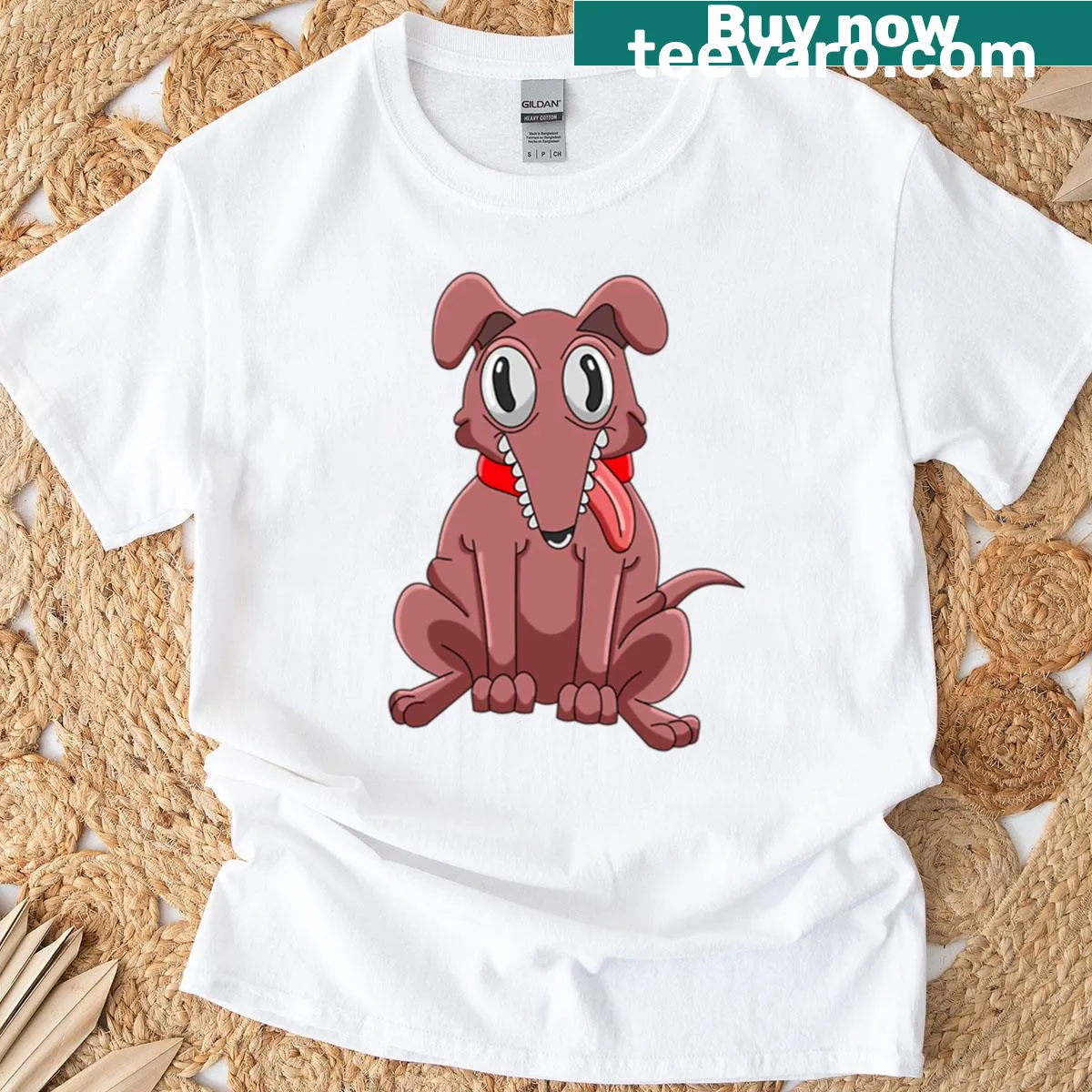 Cartoon dog with big eyes and goofy smile design t-shirt — on a men's t-shirt