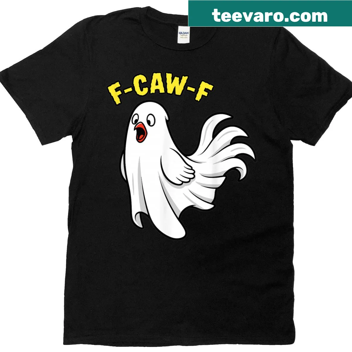 Halloween cartoon t-shirt with a funny ghost and 'F-caw-f' text — on a men's t-shirt