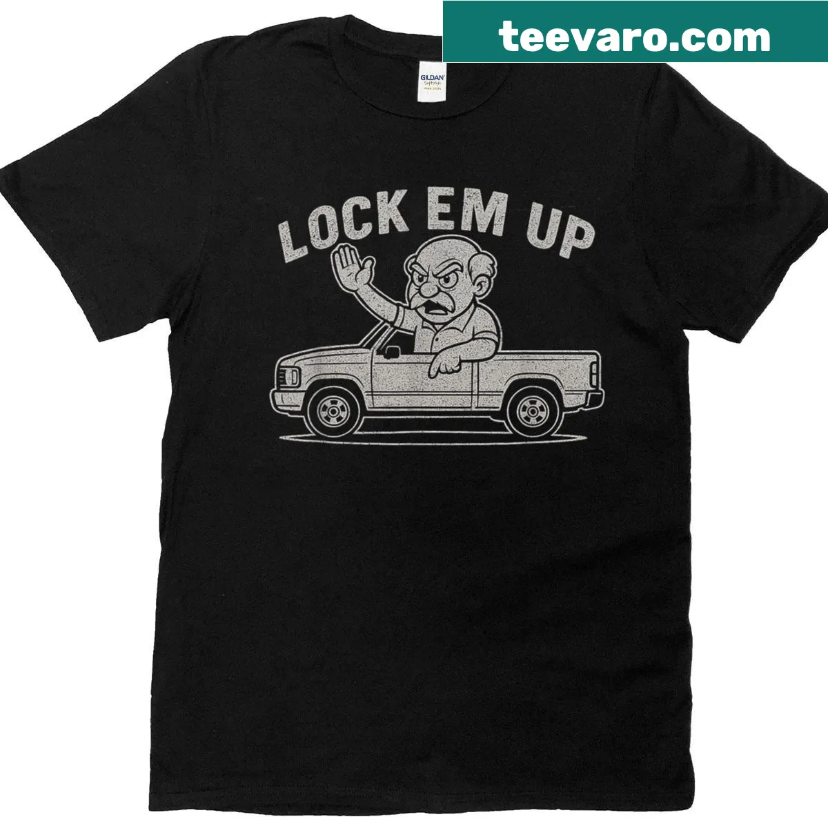 Vintage-style humor t-shirt featuring a truck and 'Lock Em Up' text — on a men's t-shirt