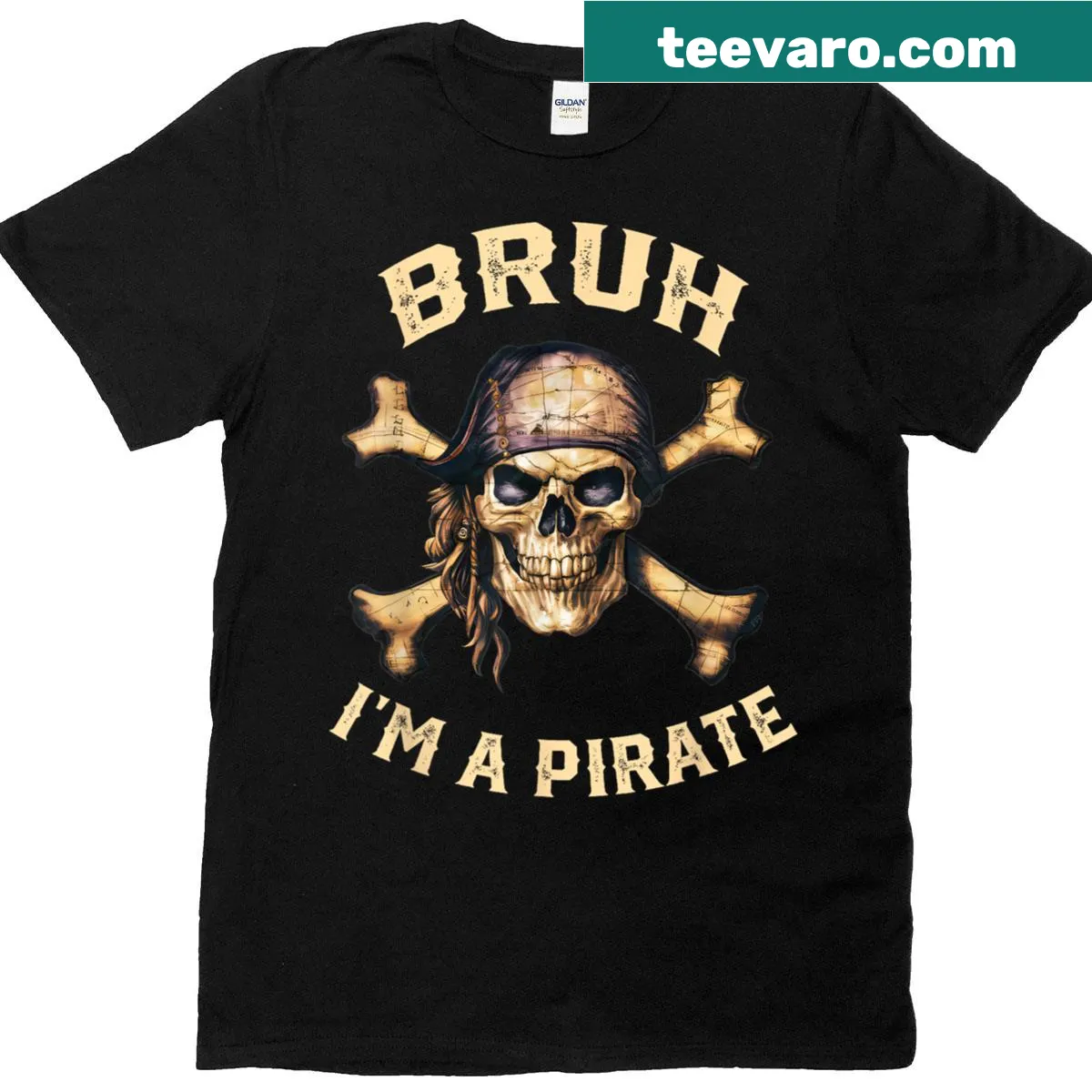 Vintage pirate skull t-shirt with humorous text for Halloween — on a men's t-shirt