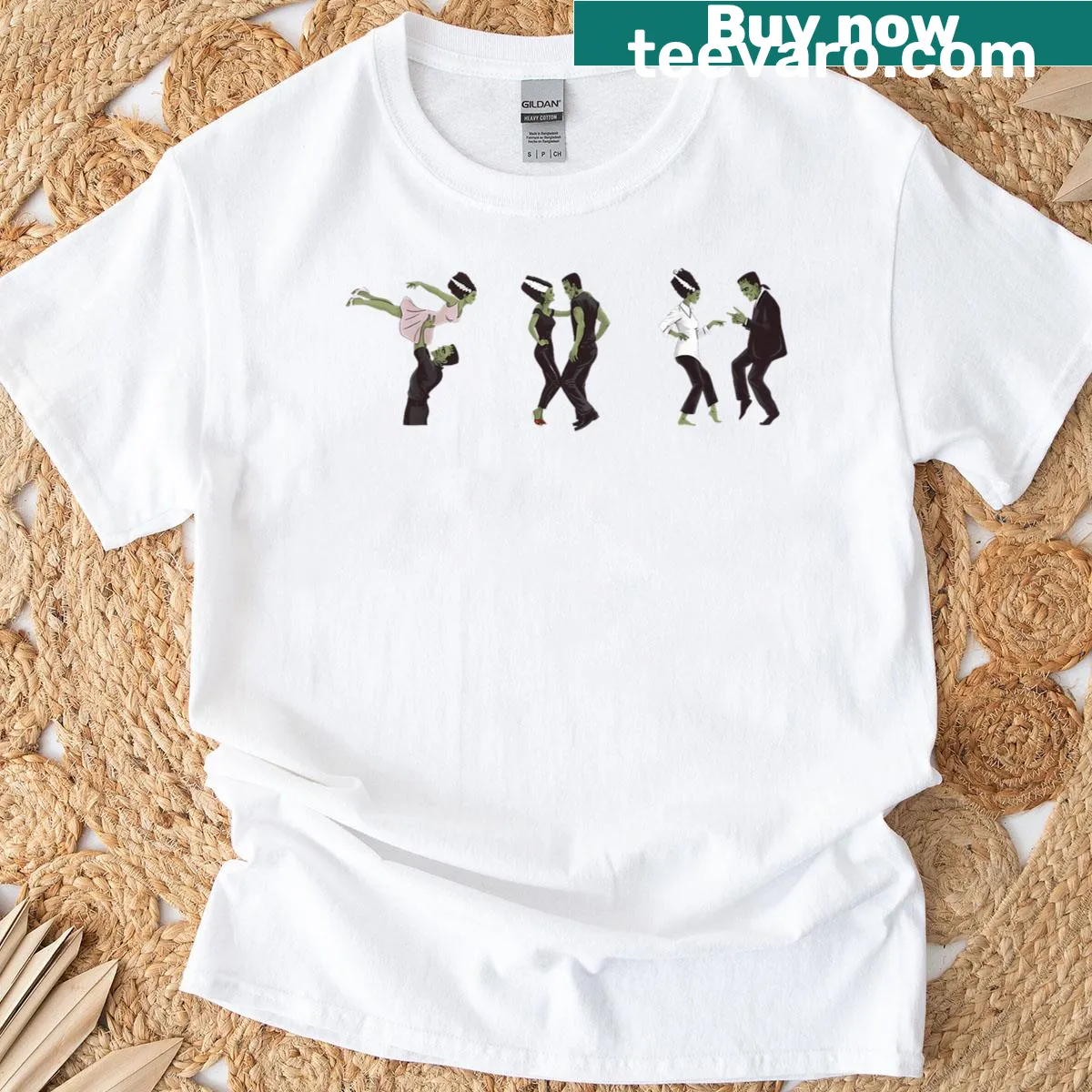 Retro Frankenstein and bride dancing graphic on t-shirt. — on a men's t-shirt