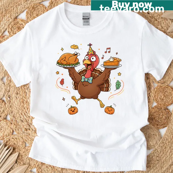 Cartoon Thanksgiving turkey with pie and roast design on t-shirt