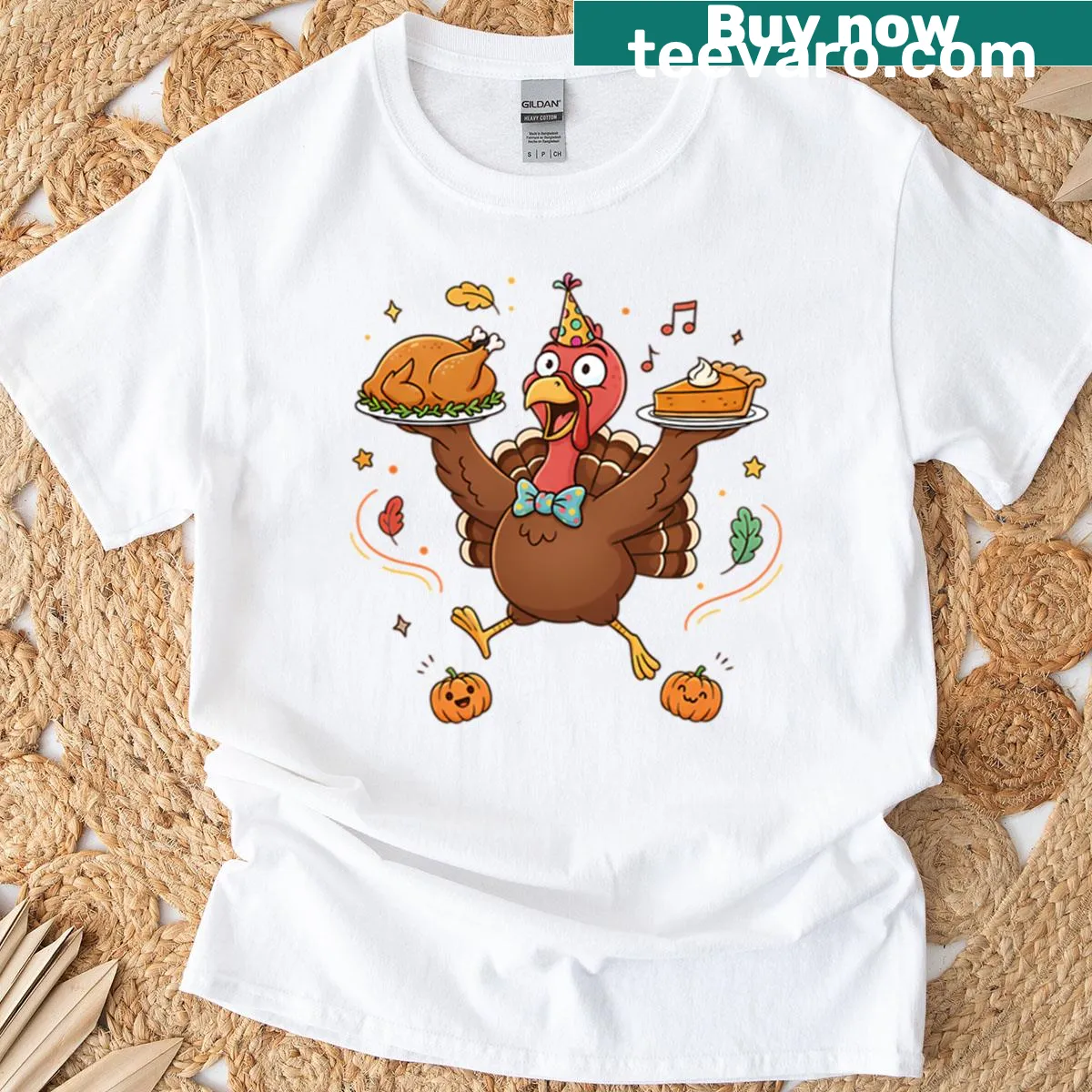 Cartoon Thanksgiving turkey with pie and roast design on t-shirt — on a men's t-shirt